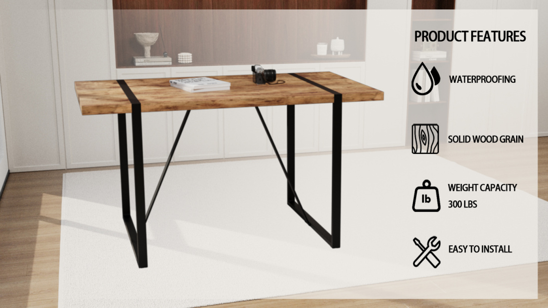 Modern Farmhouse Industrial Dining Table with 1.5" Thick Durable Dark Wood MDF Top & Black Steel Legs - Seats 4-6, Easy-Clean Surface for Compact Home Kitchens