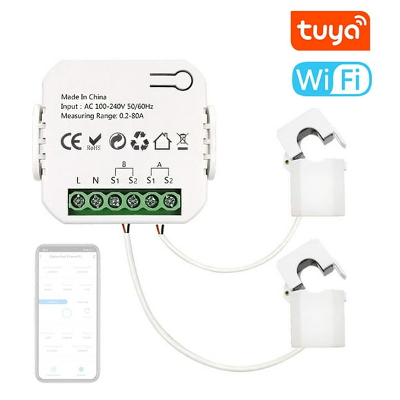 Smart WiFi Dual-Channel Energy Monitor with CT Sensors for Solar Applications - Real-Time Power and Current Tracking via Tuya App, AC 110-240V, Easy Installation, Automation Capabilities