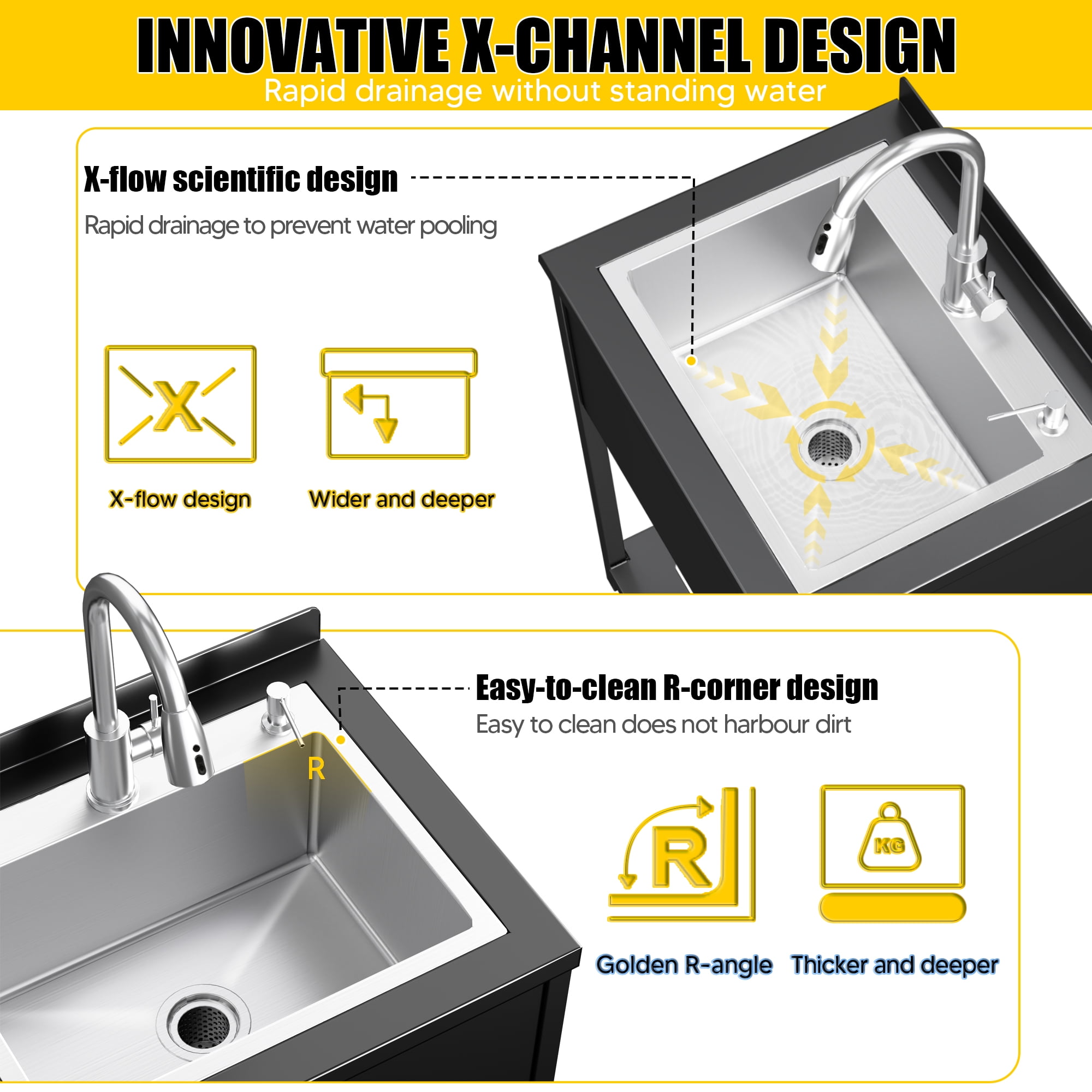 Stainless Steel Utility Sink, 25.7" × 20.7" × 39.5"Freestanding Sink with Cold and Hot Water Faucet,Hoses and Drain Kit for Kitchens, Bathrooms, Garage, Laundry Room