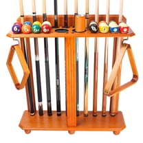 GSE Games & Sports Expert Floor Stand Billiard Pool Cue Racks. Holds 10 Pool Cue Sticks, 2 Drink Holders, 2 Pool Ball Racks, 16 Pool Balls - Oak