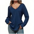 thumbnail image 3 of Oksale V Neck Cotton Undershirts for Women Soft Long Sleeve Winter Shirts for Home Lightweight Cozy Solid Tops Blue M, 3 of 6