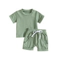 thumbnail image 2 of Toddler Baby Summer Clothes Solid Color Short Sleeve Round Neck T-Shirt with Shorts 2pcs Outfit, 2 of 9