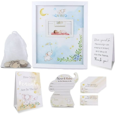 Kate Aspen Elephant Baby Shower Guest Book Alternative with 30 Wooden Pieces & Advice Card with Tent Card, Decor Gifts for Baby Shower, Baby Event - Blue