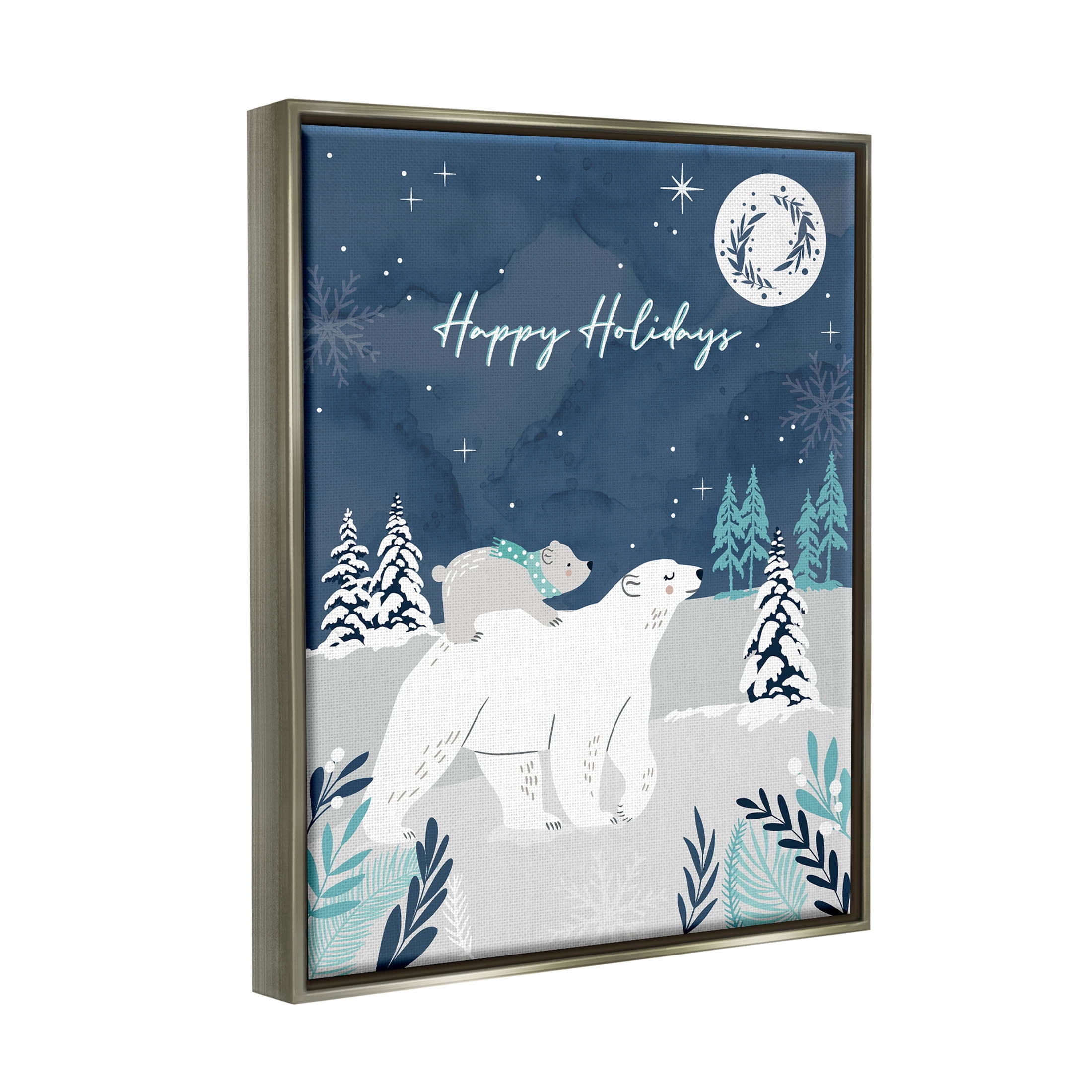 Happy Holidays Winter Snow Bears Holiday Graphic Art Luster Gray Framed Art Print Wall Art