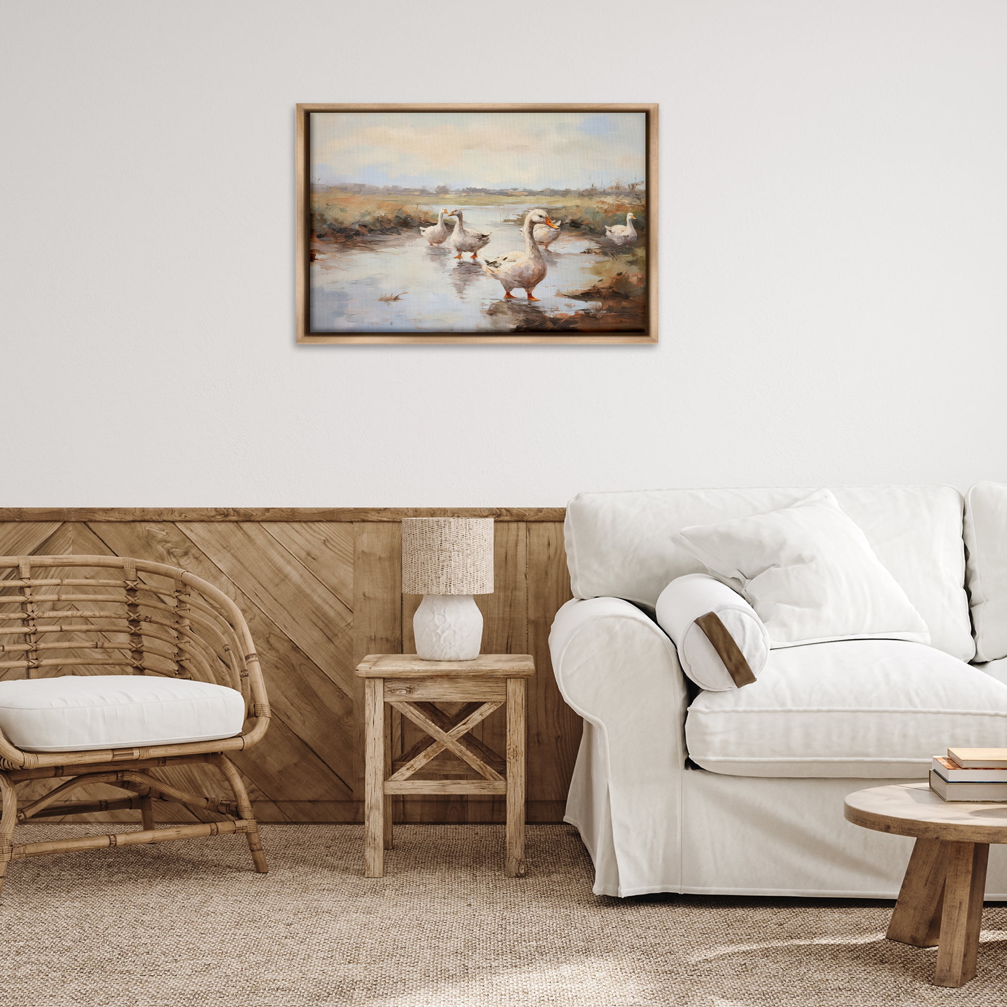Stupell Industries Swan Family Traditional Pond Landscape & Nature Painting Brown Floater Framed Canvas Art Print Wall Art, 31 x 21