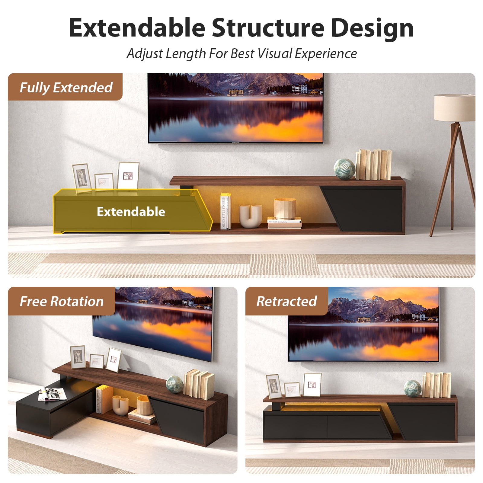 JOIVI Extendable LED TV Stand, Modern Entertainment Center with 2 Drawers, Sliding Tabletop Media Console with Storage Cabinet for Living Room, 71.0" - 106.3", Black