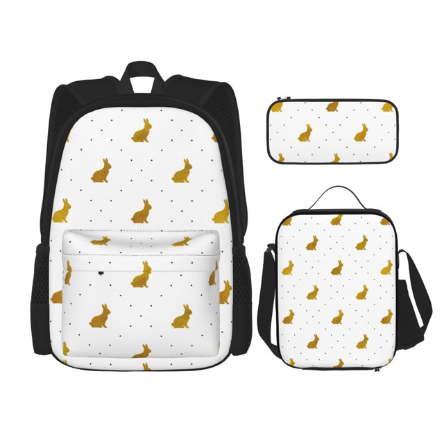 Easygdp Gold Rabbit Mochila para Niños y Niñas con Set de Caja de Almuerzo y Estuche para Lápices 3 en 1, Mochila Escolar Estampada para Adolescentes