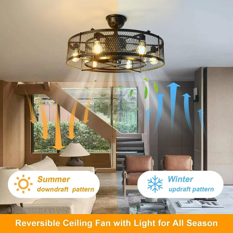 DingLiLighting 26 Farmhouse Ceiling Fan with 6 Lights, Industrial  Indoor/Outdoor Ceiling Fan Lighting, Matte Black Flush Mount Ceiling Fan  Lights, Cage Ceiling Fan with Remote 3 Speed, Timing 