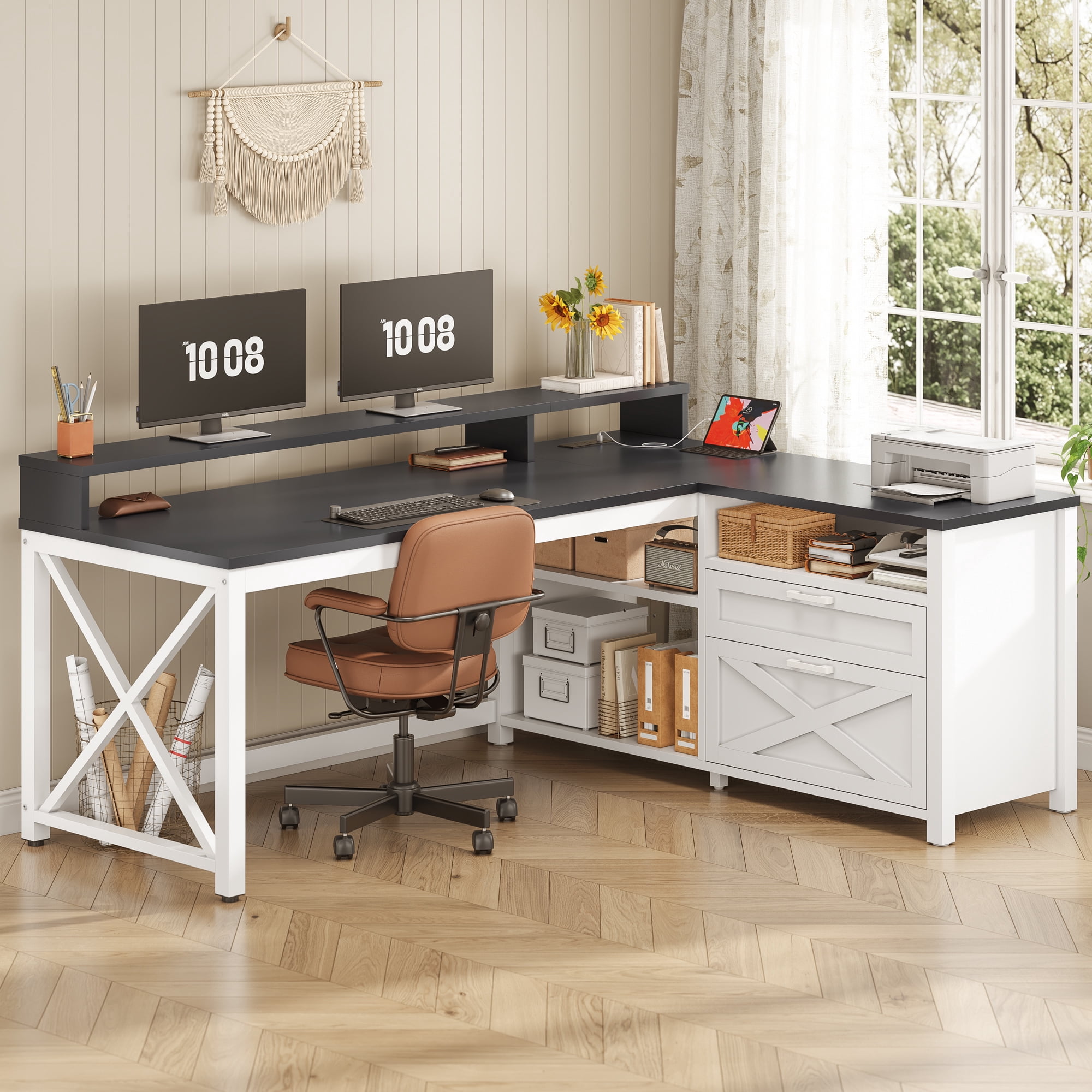 Farmhouse L Shaped Computer Desk with Drawers and Storage Shelves, 55" L Shaped Gaming Desk with LED Lights, Home Office Desk