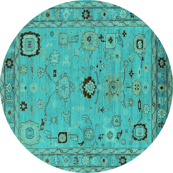 Ahgly Company Machine Washable Indoor Round Oriental Turquoise Blue Traditional Area Rugs, 3' Round