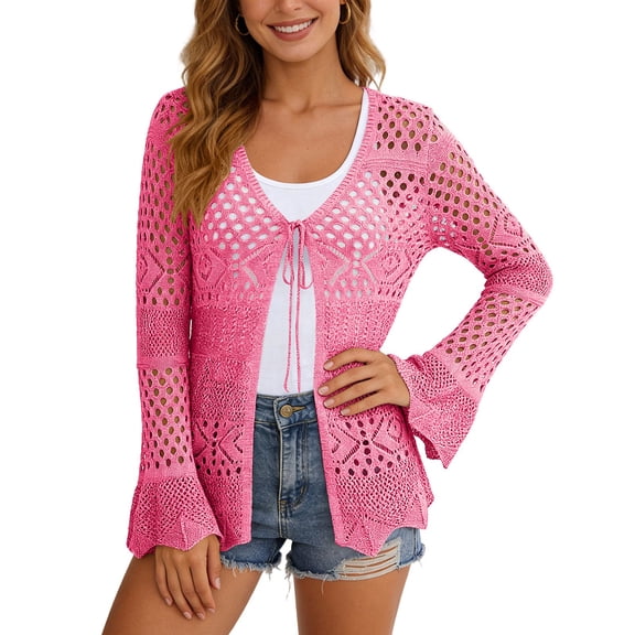 JIAYUE Women's Swimsuit Cover-Ups Solid Color Long Sleeve V Neck Lace Up Knit Scalloped Beach Hollow Cardigan Comfortable Swimwear Cover Up Top