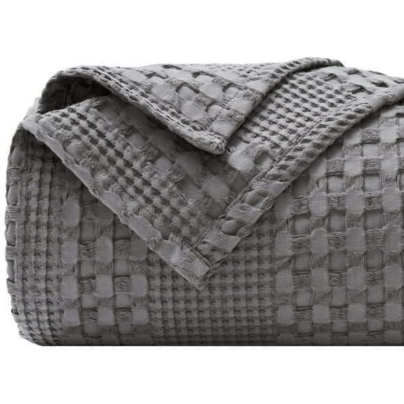 PHF 100% Cotton Waffle Weave Blanket Queen Size - Luxury Decorative Soft Breathable Skin-Friendly Blanket- Perfect Textured Blanket Layer for Couch Bed Sofa 90"x90" - Dark Grey