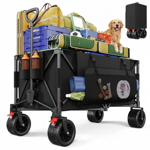 Biotree Collapsible Wagon Cart with Brakes, 300L 600Lbs Heavy Duty Folding Beach Wagon,All Terrain Utility Wagon for Camping Sports Garden Grocery, Black