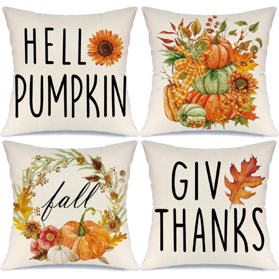 Fall Decor Pillow Covers 18x18 Set of 4 Thanksgiving Farmhouse Decorations Hello Pumpkin Outdoor Fall Harvest Decorative Throw Pillow Covers Autumn Cushion Case for Couch Sofa