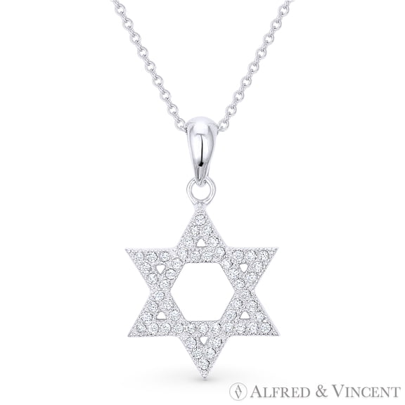 Star of David Cubic Zirconia CZ Crystal Pave Pendant & Chain Necklace in .925 Sterling Silver w/ Rhodium