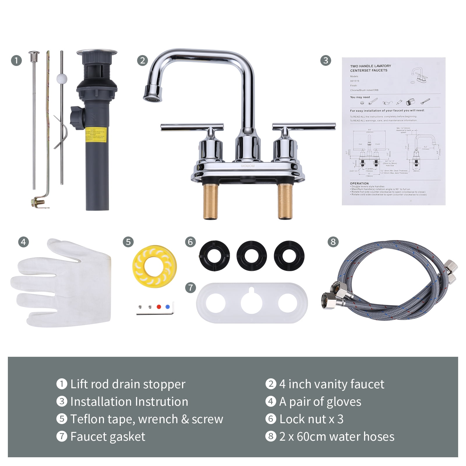 WOWOW Bathroom Faucet Chrome 4 inch Bathroom Sink Faucet Centerset Lift Rod Drain