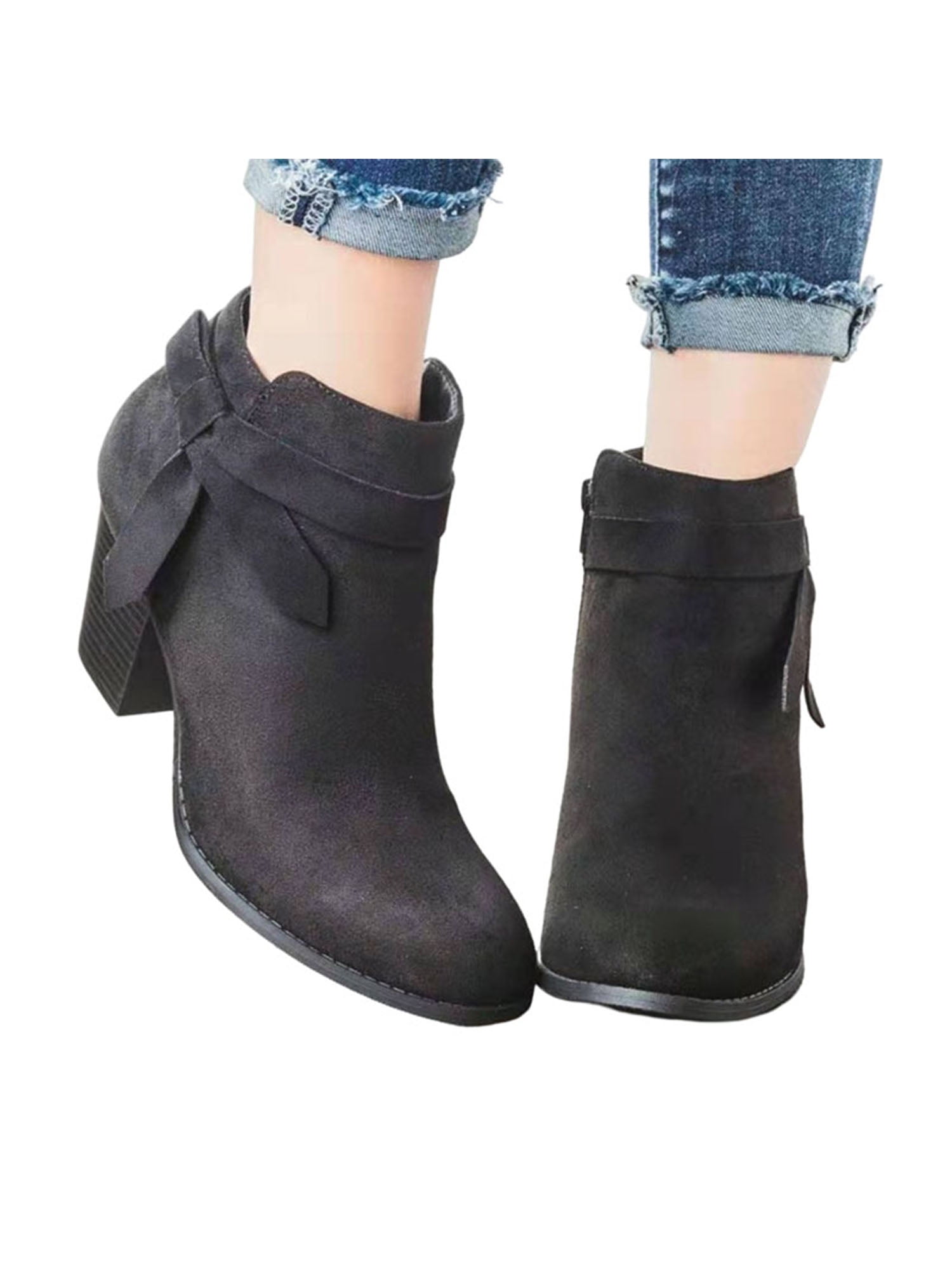 Womens Winter Ankle Boots Slip On Chelsea Booties Casual Low Block Heel Shoes