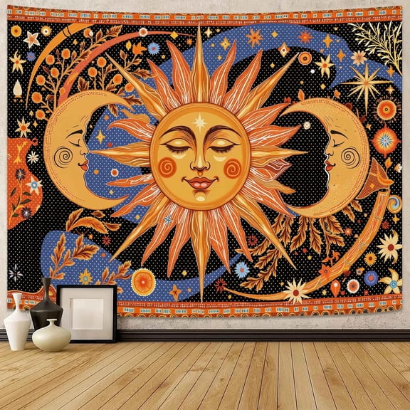 Celestial Sun and Moon Tapestry Nature Style Tapestry for Bedroom Celestial Starry Sky tapestries Wall Hanging Aesthetic Room Decor Smiling Sun and Crescent Moons 60"x44"