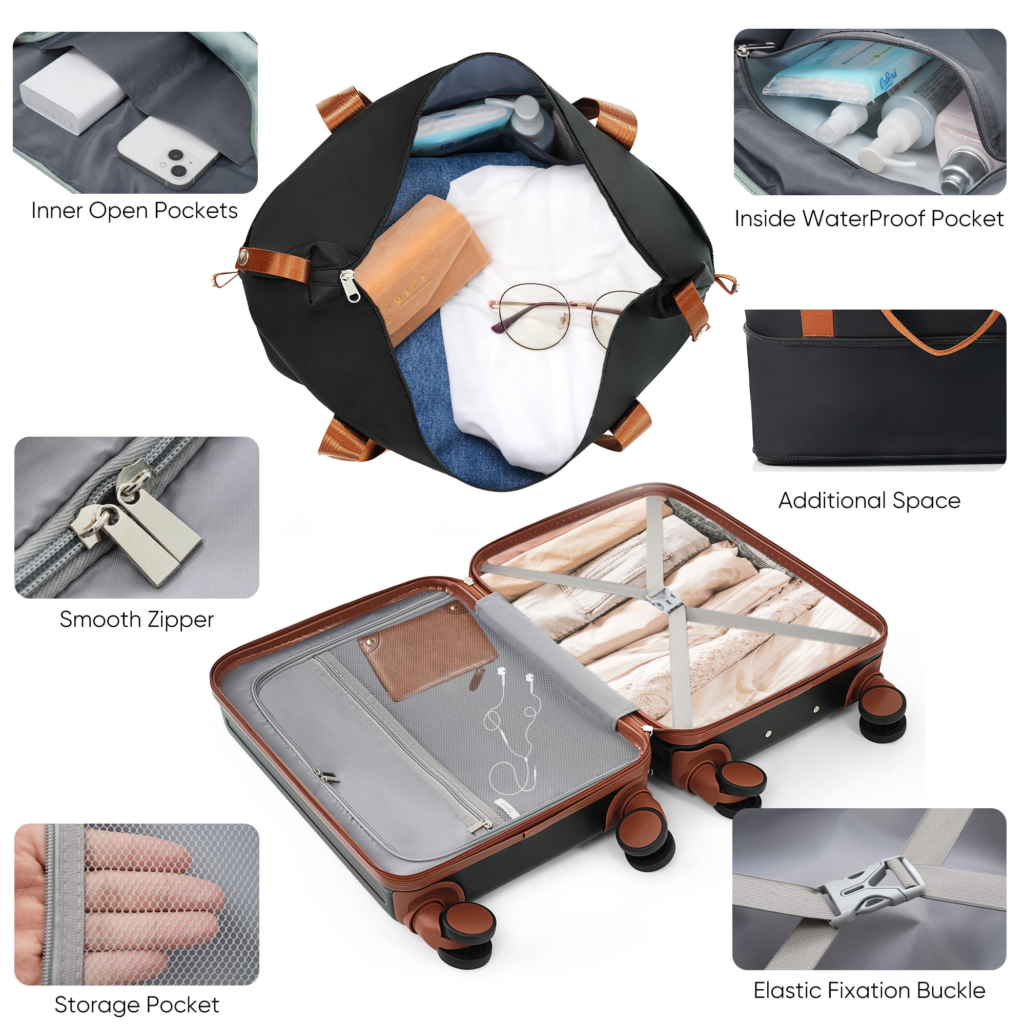 LoLado Front Opening 20in Carry-on Luggage with Expandable Travel Bag Set, ABS Hard Shell Two-piece Travel Suitcase Set with USB Port, Cup Holder, Black