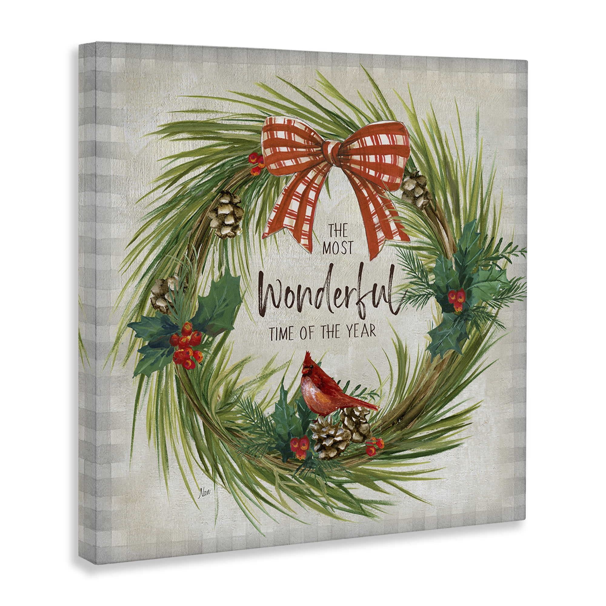 Stupell Industries Most Wonderful Time Wreath Holiday Painting Gallery Wrapped Canvas Art Prints Wall Art, 17 x 17