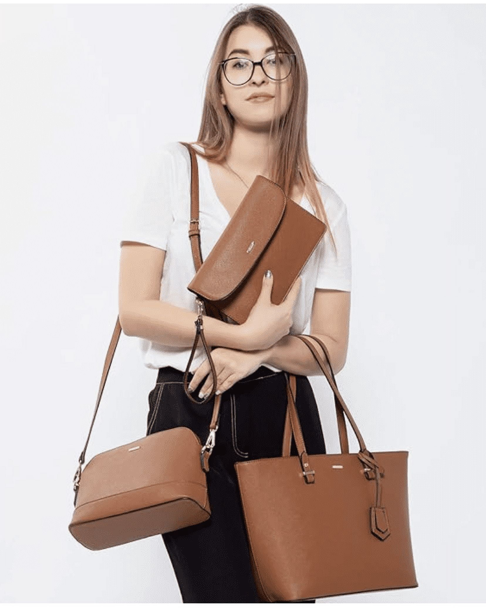 Premium Lux Details 3-Piece Leather Handbag Set for Women – Tote, Crossbody & Wristlet Purse – Elegant Designer Bags for Everyday & Travel Use Color Luggage