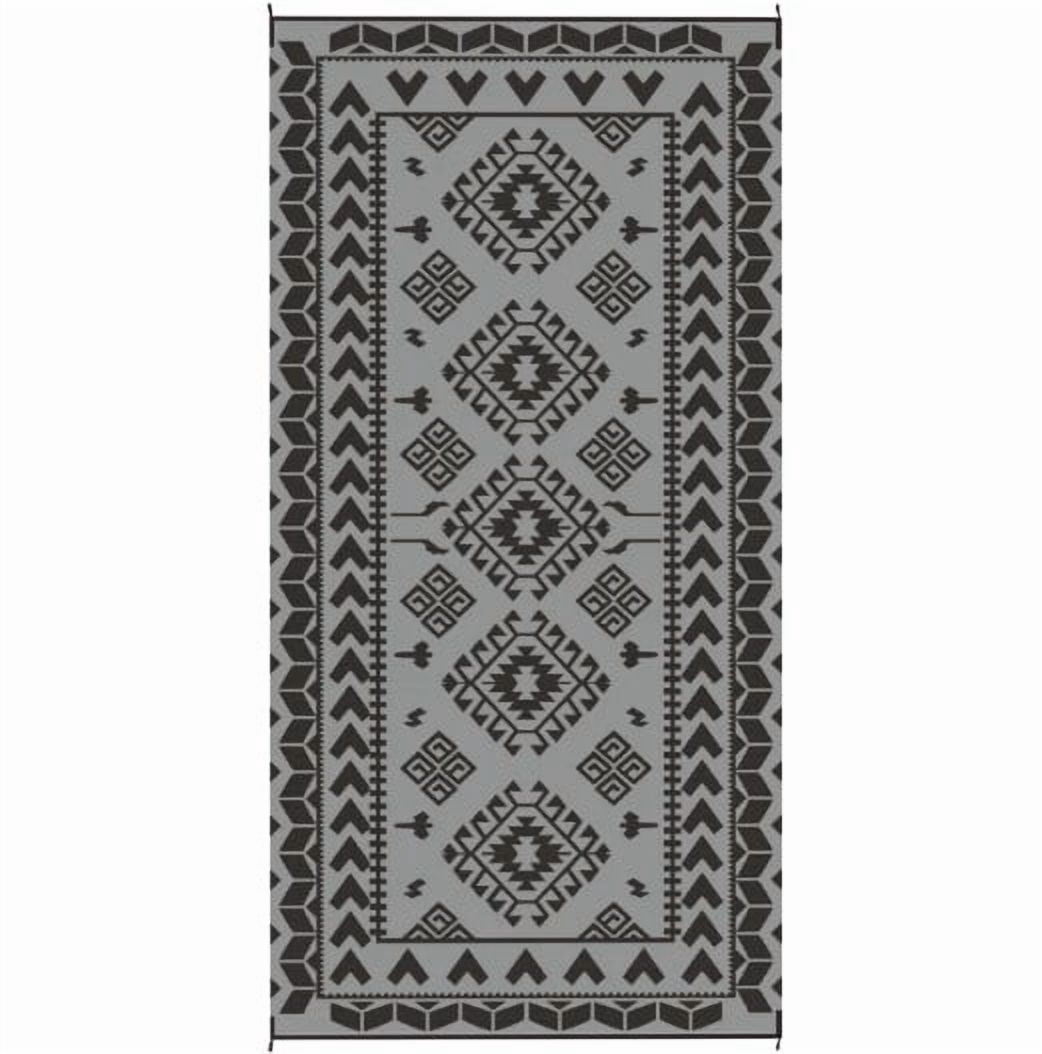 9' x 18' Black & Gray Rhombus Patchwork Reversible Outdoor Patio Rug, Waterproof Portable Camping Mat with Carry Bag, Foldable RV Carpet