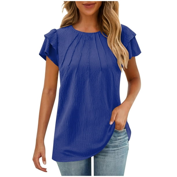 Camisas de Cuello de Tripulación de Manga Corta para las Mujeres Plisado Mangas de Ruffle, Cuello Redondo Casual Primavera Y Blusa de Verano