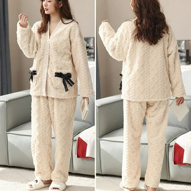 Conjunto de Pijamas de franela con forro polar para mujer ropa de dormir calida y gruesa de terciopelo para invierno novedad
