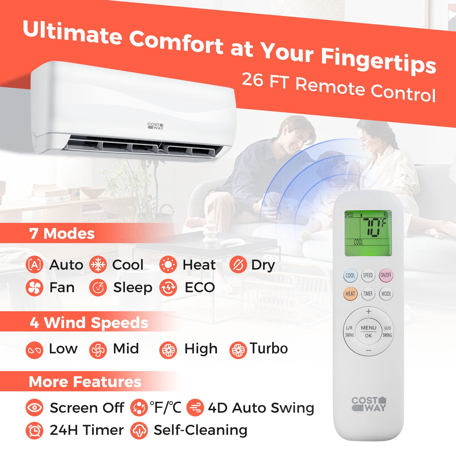 Costway 18000 BTU Mini Split Air Conditioner & Heater 19 SEER2 1250 Sq. Ft Coverage