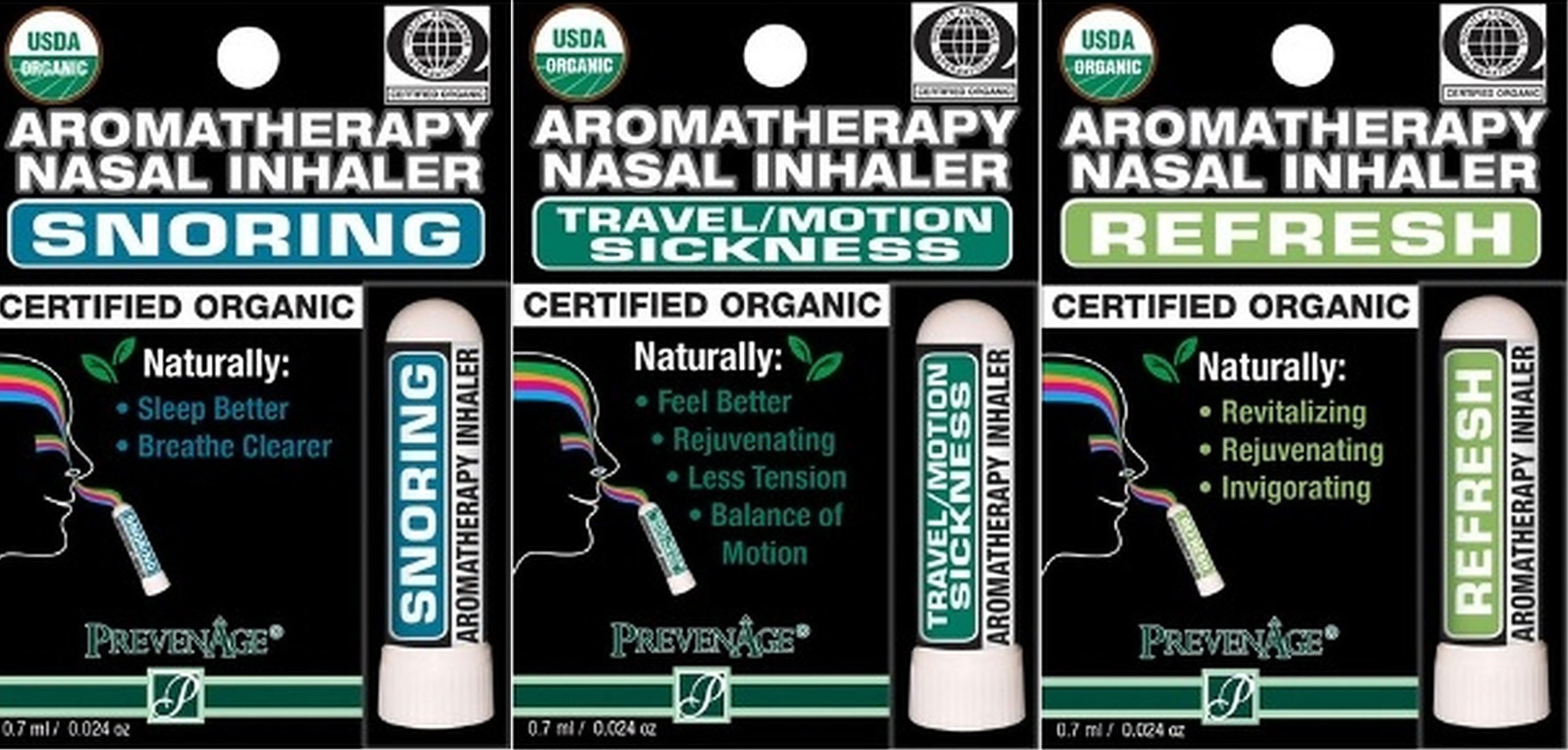 Nasal Inhaler USDA Organic Aromatherapy Gift Set of 3 - Snoring, Travel/Motion Sickness and Refresh - Made with  100% Pure Therapeutic Grade Organic Essential Oils 0.7 mL each by Prevenage Made in USA