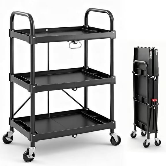 EDX 3-Tier Portable Utility Cart with Wheels, Heavy Duty Collapsible Cart for Home, Office, Kitchen and Storage,120LBS Capacity,Black