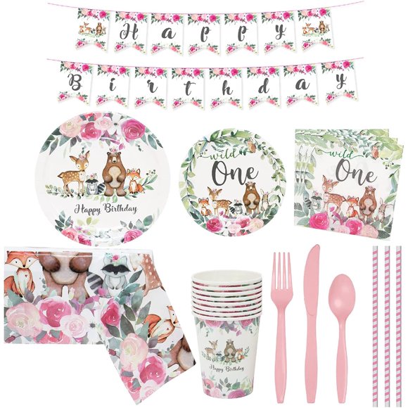Décorations d'Anniversaire, Vaisselle d'Anniversaire Incluant Assiettes Gobelets Serviettes Nappe Pailles Bannière Articles de Fête pour 16 Invités