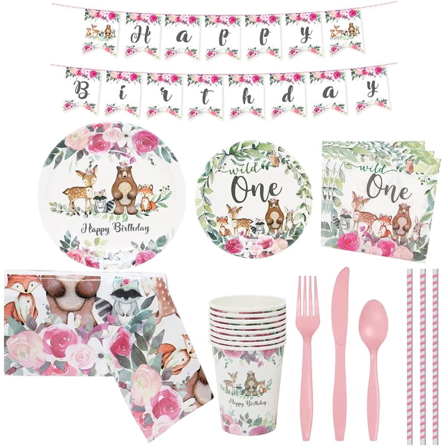 Décorations d'Anniversaire, Vaisselle d'Anniversaire Incluant Assiettes Gobelets Serviettes Nappe Pailles Bannière Articles de Fête pour 16 Invités