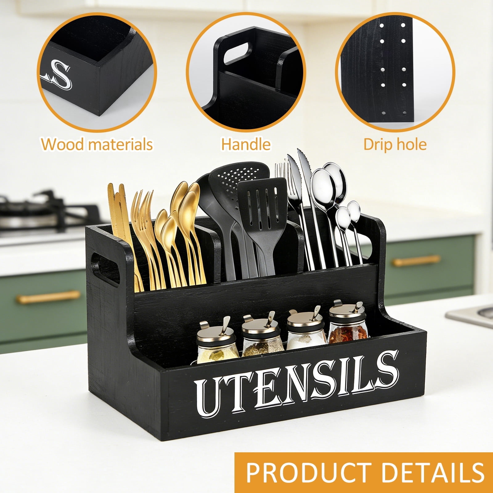 FUYGRCJ Extra Large Kitchen Utensils Holder with 4 Compartments, 2 Layers Wooden Utensil Organizer, Farmhouse Cooking Spatula Storage Caddy for Kitchen Countertop, Flatware Spoon Tool Organizer