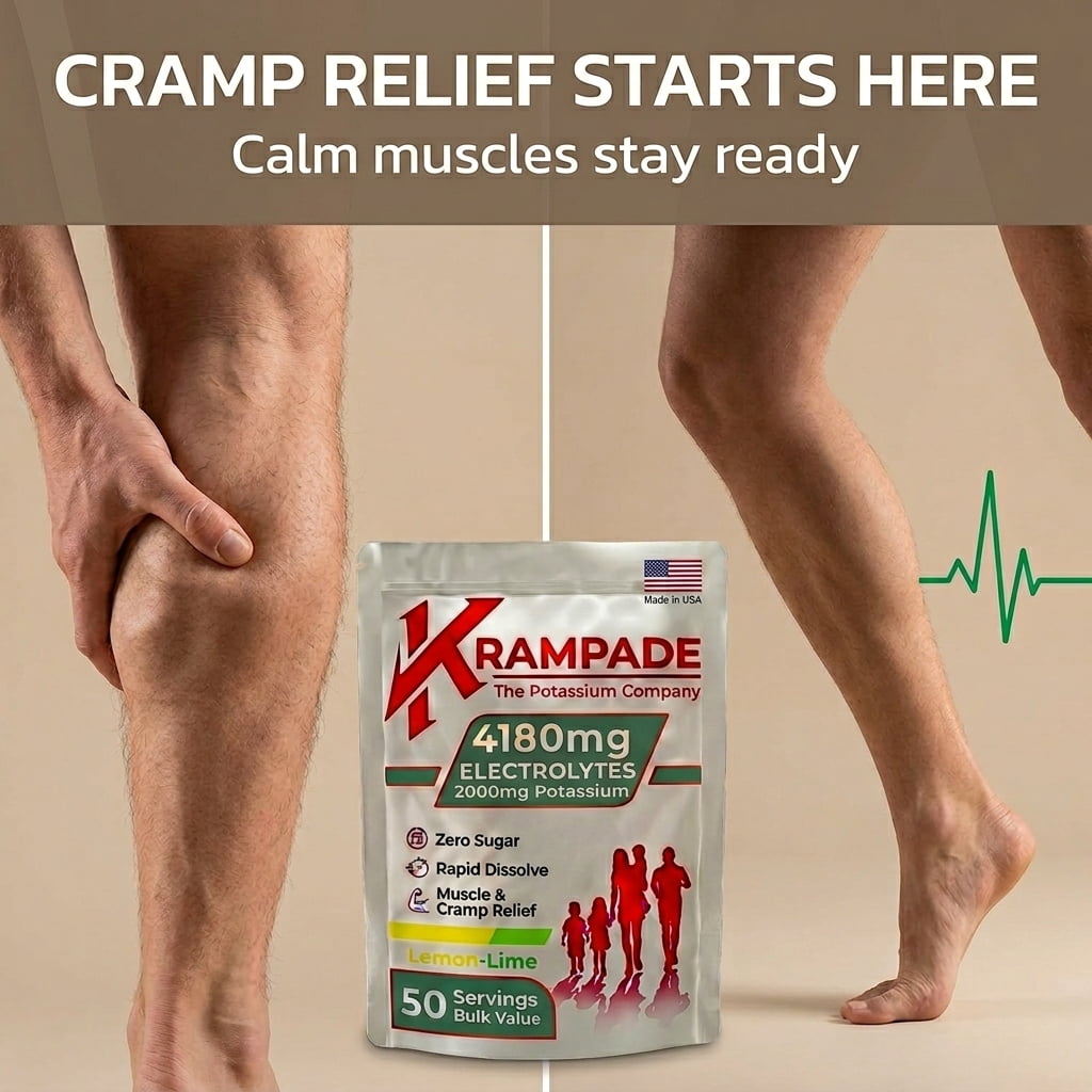 Krampade High Potassium Electrolytes Powder Zero Sugar Lemon Lime, Cramp Relief, Keto, 50 Servings