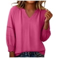 thumbnail image 2 of JOANKDMI Women's Solid Basic Tees V Neck 3/4 Sleeve Tops Casual Loose Fit Shirts Dressy Blouses with Ruched Cuffs Details Fall Fashion Everyday Outfit, 2 of 5