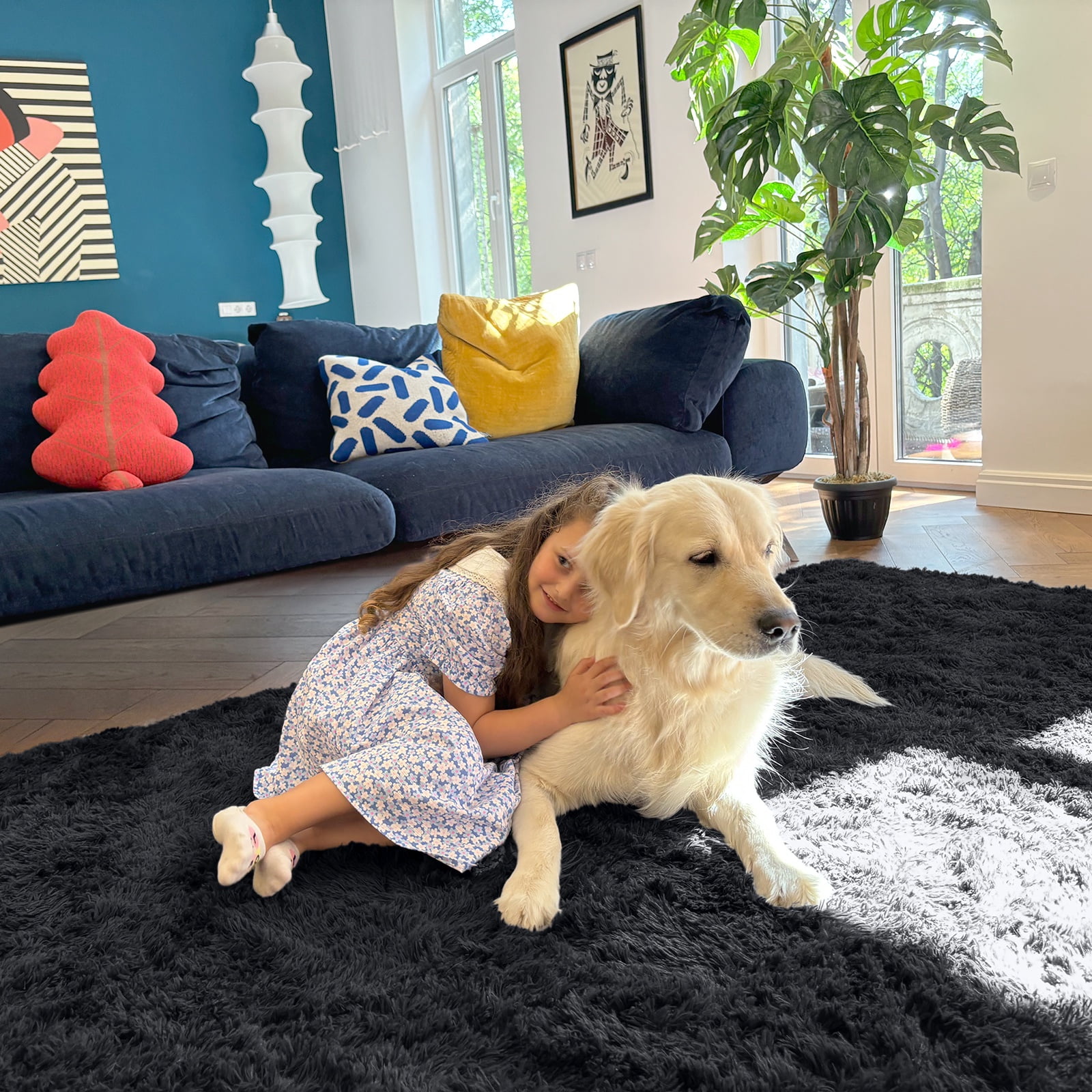 Buganda Area Rugs for Living Room 9'X12', Soft and Fluffy Shaggy Carpet for Pets, Machine Washable Floor Rugs for Bedroom, Black
