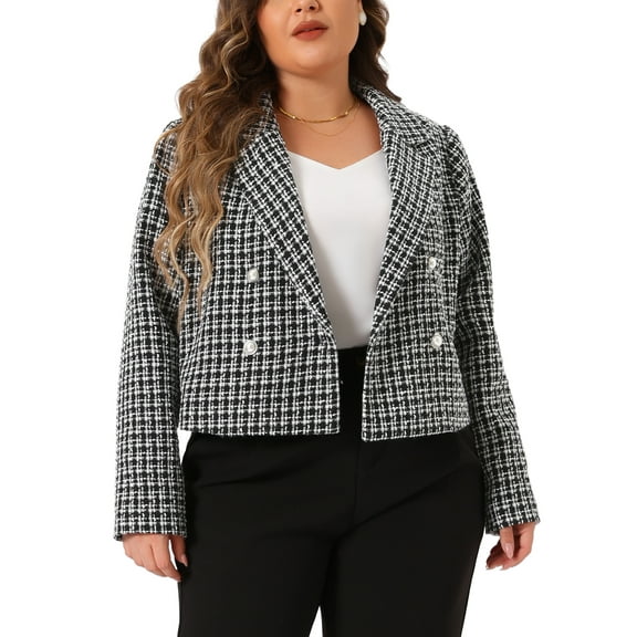 Agnes Orinda Plus Size Plaid Tweed Blazers for Women Notched Lapel Elegant Office Crop Jacket 2X Black