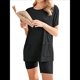 thumbnail image 2 of Conjuntos de 2 Piezas para Mujer, Chándal de Verano de Corta, Ropa de Estar por Casa, Pantalones Cortos con Cuello Redondo. Negro M, 2 of 7