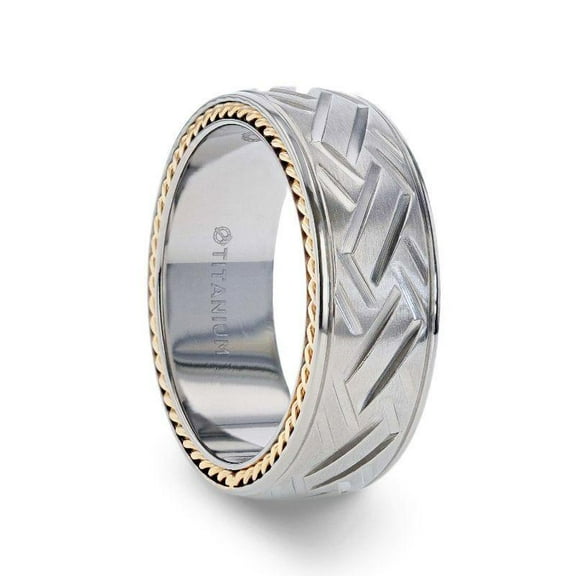 Titanium Wedding Band Ring – Woven Pattern Domed Design with Yellow Gold Braided Edges, Comfort Fit – 8mm