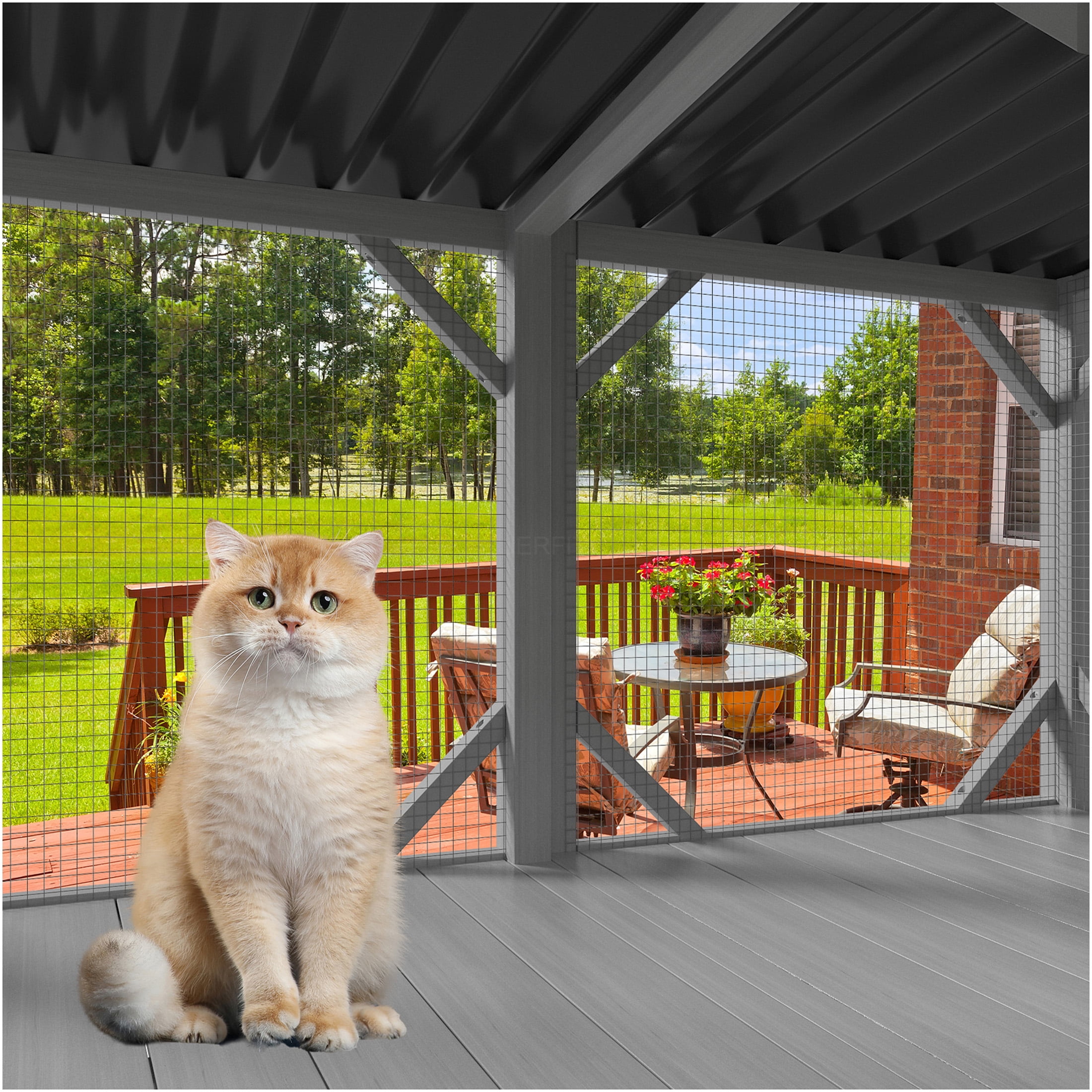 JERFIT Cat Window Enclosure for Large Cats, 3-Sided Mesh Panoramic View Catio Perch with Wood Frame, Grey