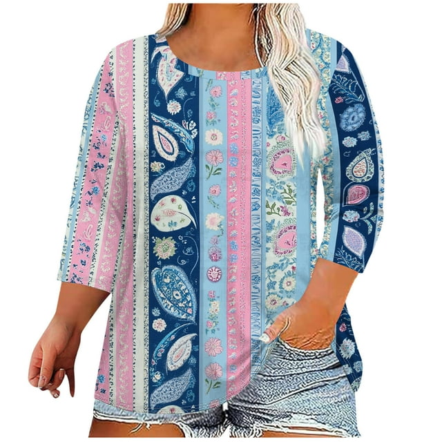 Hauts à Manches 3/4 pour Femmes Grande Taille, Col Rond Décontracté, T-Shirts Graphiques pour Femmes Âgées, Chandail Ample Tendance Rose, 2TG