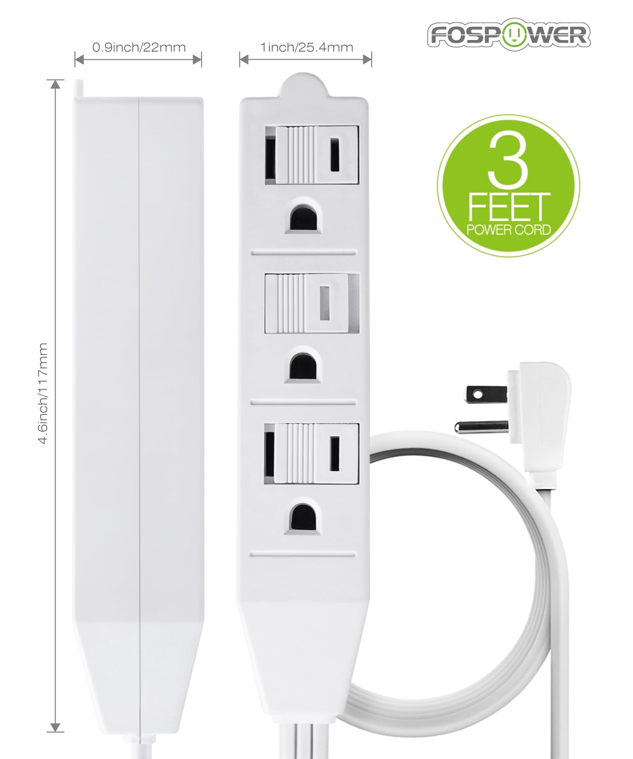 3FT White FOSCHR-2353-2Pack ETL Listed 2 Pack 3-Outlet Power Strip with Safety Cover FosPower 3-Prong 1625W Grounded Wall Outlet with Extension Cord and 90 Degree AC Flat Plug Adapter