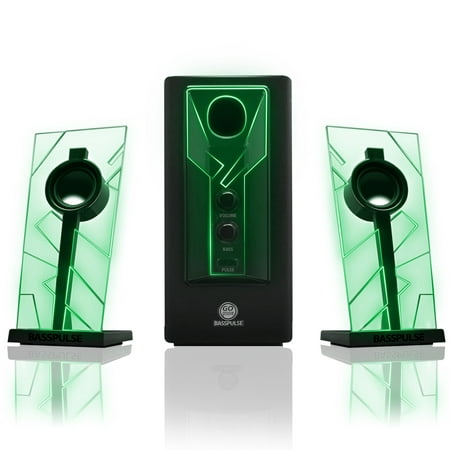 GOgroove BassPULSE 2.1 Computer Speakers (MANUFACTURER REFURBISHED) with Green LED Glow Lights and Powered Subwoofer - Gaming Speaker System for Music on Desktop , Laptop , PC with 40 Watts ,