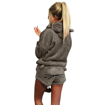 

Lazybaby Women 2Pcs Cute Sleepwear Sets Fleece Hooded Sherpa Shorts Pajamas Set