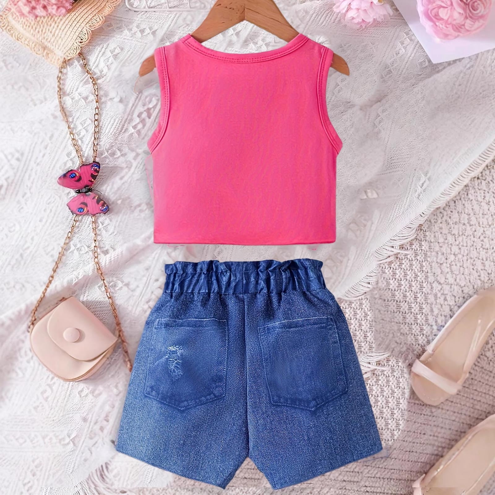 Summer Savings Clearance 2025! Bovxnpu Toddler Girl Clothes, Girls 2 Piece Outfits Sets, Children's Fashion Printed Sleeveless Jeans Outdoor Sports Suit Suitable for 1-8 Years Old Pink 3 Years
