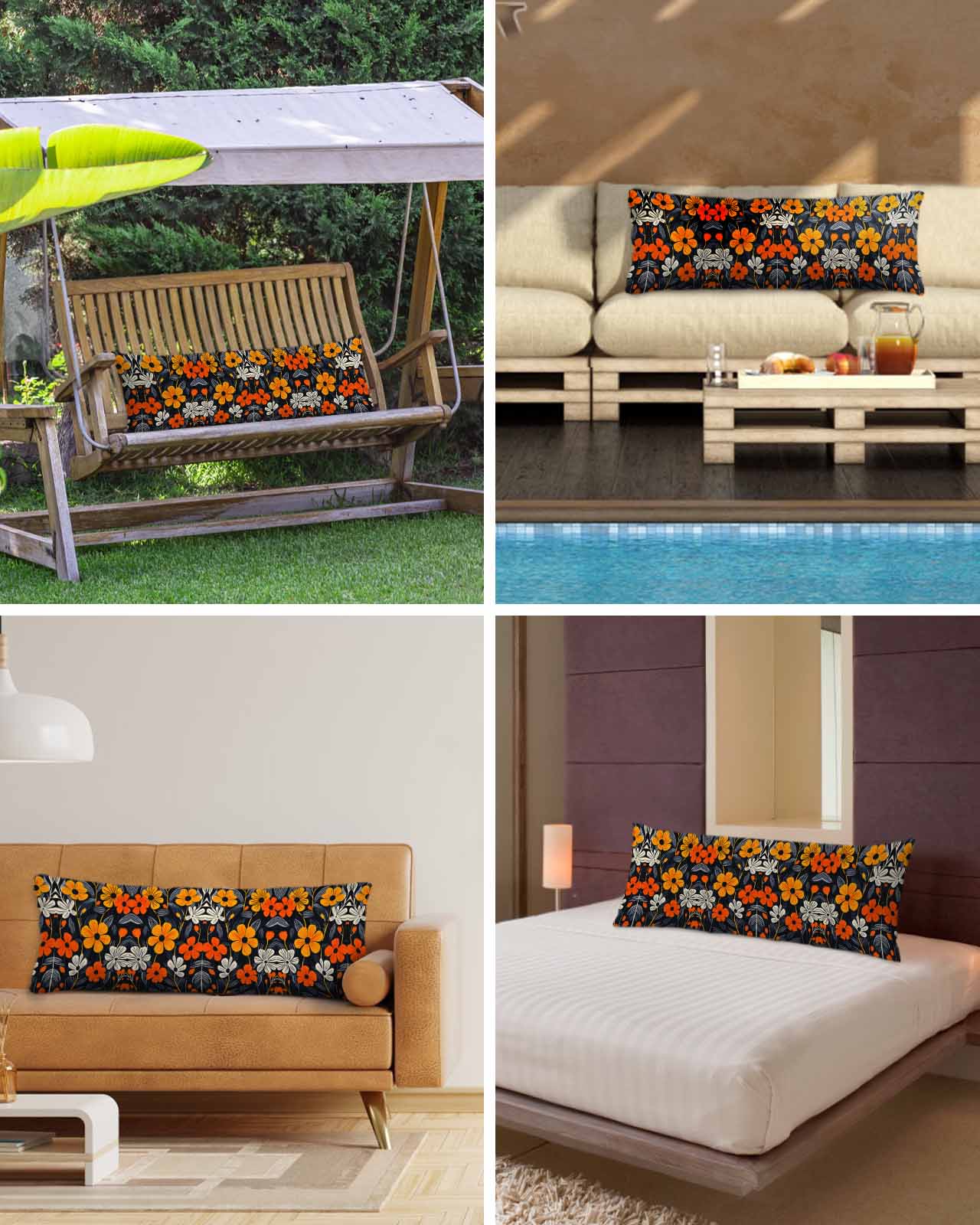 Orange Spring Floral Body Pillow Cover 20 x 60 Inch Decorative Pillow Cover Black Summer Botanical Leaf Lumbar Pillowcase Seasonal Rectangle Cushion Case for Couch Sofa Bed Living Room