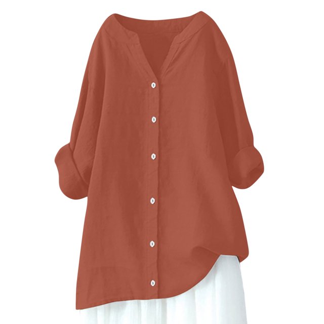 Kvture Women's Plus Size Tops Cotton Linen Button Down Shirts Fall Long Sleeve V-Neck Long Blouse Solid Color Loose Fit Lightweight Tunics