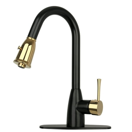 

Akicon Two-Tone Matte Black & Gold Pull Out Kitchen Faucet with Deck Plate Single Level Solid Brass Kitchen Sink Faucets with Pull Down Sprayer