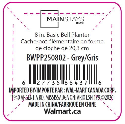 Pot de fleurs Mainstays Basic Bell 30 cm, gris, design classique avec soucoupe intégrée, résistant aux intempéries, finition mate.